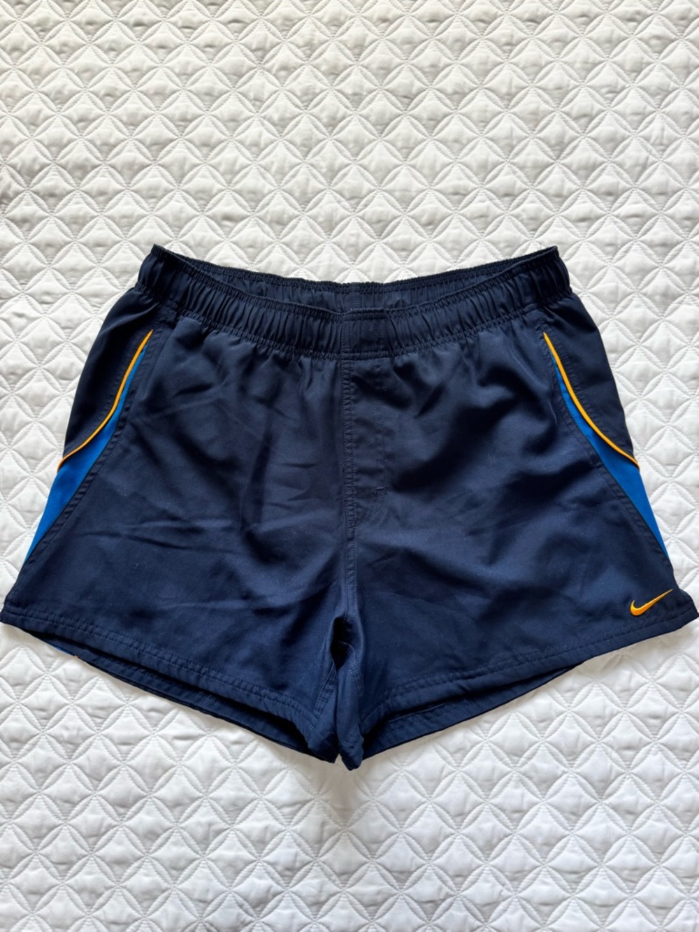Nike Men’s Navy Swim Trunks with Blue Gold Accents Size L